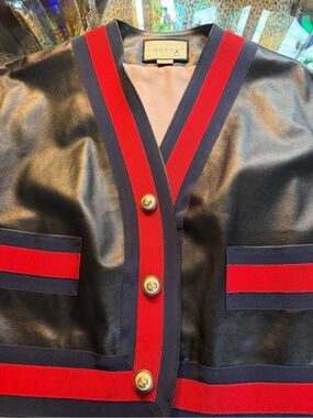 Gucci Black Leather Blazer with Red & Navy Trim size 38